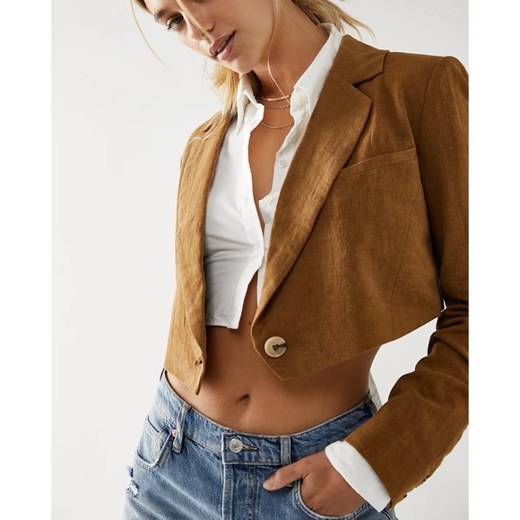 Free People $148 Coco Cropped Blazer Pink Linen Blend New Small Beachy Festival - Picture 8 of 8